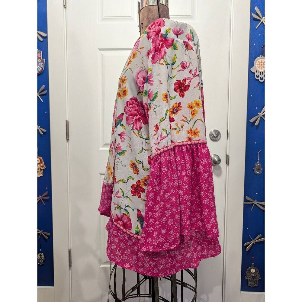 Pioneer Woman Pink Flounce Sleeve Topper Chinoserie Birds Boho Kimono L/XL NWT - Picture 5 of 15
